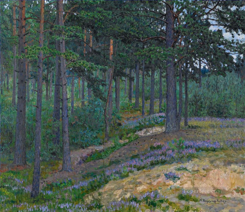 ブルーベルズ ニコライ・ボグダノフ ベルスキーの森の木の風景油絵